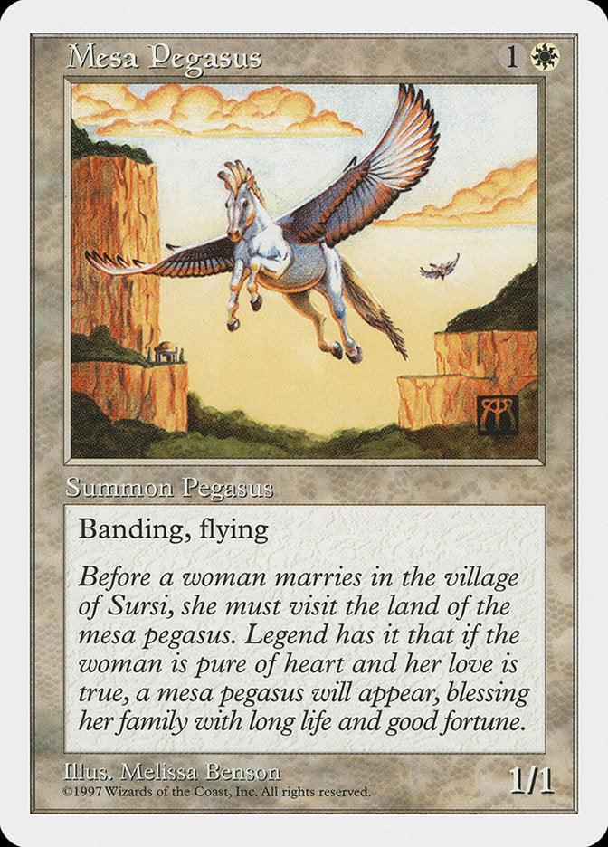 The Magic: The Gathering card "Mesa Pegasus [Fifth Edition]" features a white-winged horse gliding above brilliant orange canyon cliffs, showcasing its "Banding, flying" abilities and enhanced by flavor text about Sursi's mythical marriage. It requires 1 white mana for a 1/1 creature and is illustrated by Melissa Benson in 1997.