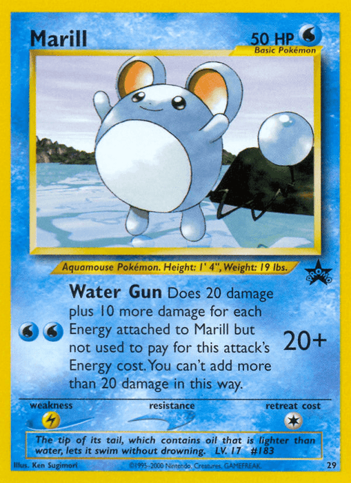 Image of a Pokémon trading card featuring Marill, a blue, oval-shaped aquatic mouse Pokémon with large, round ears and a zigzag tail. The card is blue with yellow borders and belongs to the set Marill (29) [Wizards of the Coast: Black Star Promos] by Pokémon. Marill has 50 HP and knows the Water Gun move. The bottom includes text about Marill’s stats.