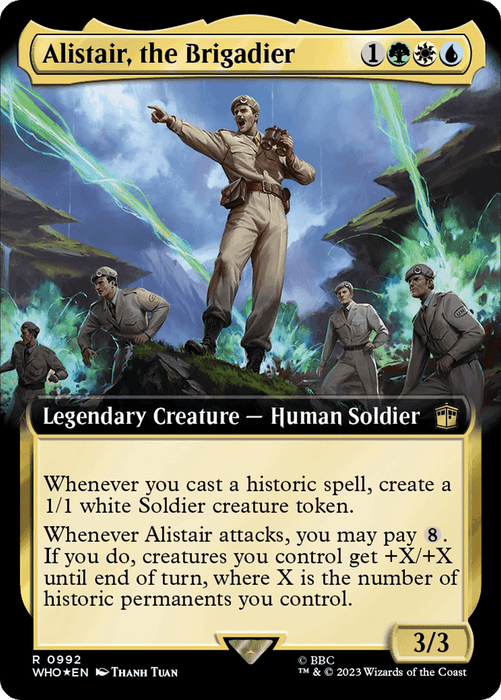 A Magic: The Gathering card titled "Alistair, the Brigadier (Extended Art) (Surge Foil) [Doctor Who]." This legendary creature features a human soldier in a commanding pose, surrounded by other soldiers, with lightning and a battlefield in the background. The card exhibits white, blue, and green colors and includes detailed abilities.