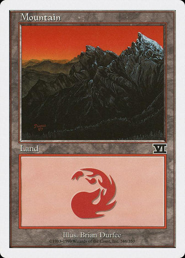 A Magic: The Gathering product named "Mountain (346) [Classic Sixth Edition]." The illustration depicts a rugged mountain range under a red, stormy sky. The rest of the card features a simplistic red symbol of fire, indicating it produces red mana. It's a Basic Land from the Classic Sixth Edition, credited to artist Brian Durfee and marked 346/350.