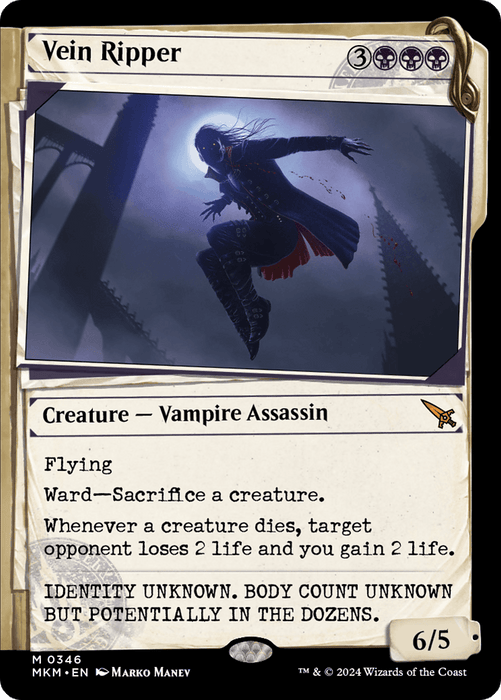 A Magic: The Gathering card named "Vein Ripper (Showcase) [Murders at Karlov Manor]." It depicts a flying, masked Vampire Assassin cloaked in darkness and surrounded by bats. The card costs four mana (three black and one colorless) and has a power/toughness of 6/5. Its abilities include flying, ward requiring a creature sacrifice, and a life-draining effect when creatures die.