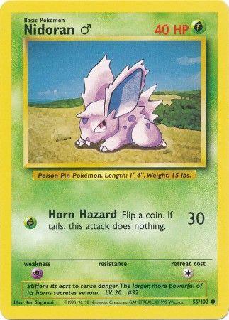 A Nidoran (55/102) (Male) [Base Set Unlimited] Pokémon Trading Card from the Base Set Unlimited series is depicted. The card has a yellow border and features an illustration of a small, purple, rabbit-like creature with large ears. The Nidoran♂ has 40 HP and knows "Horn Hazard," dealing 30 damage via a coin flip. It is numbered 55/102 and is classified as Common.