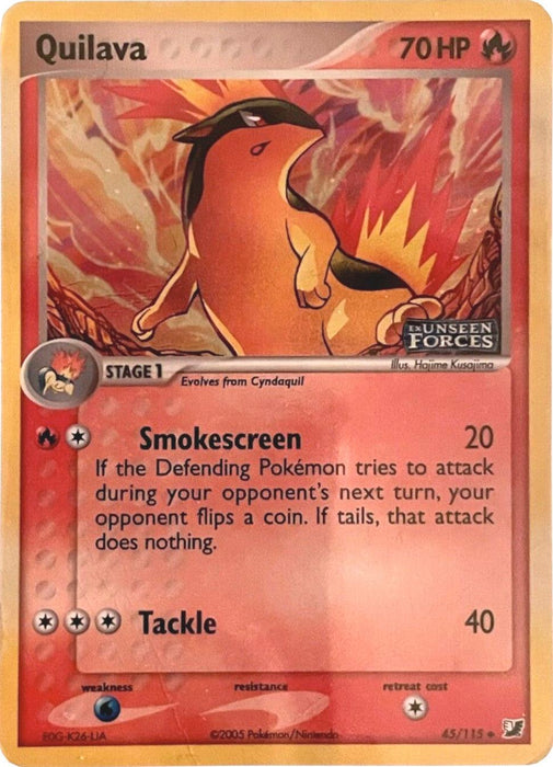 A Pokémon card featuring Quilava (45/115) (Stamped) [EX: Unseen Forces] with 70 HP. Quilava is depicted in an active pose, surrounded by flames. It has two attacks: "Smokescreen" which deals 20 damage, and "Tackle," dealing 40 damage. The fiery red background accentuates its Fire type nature, with "Stage 1" indicating it evolves from Cyndaquil. This uncommon card also
