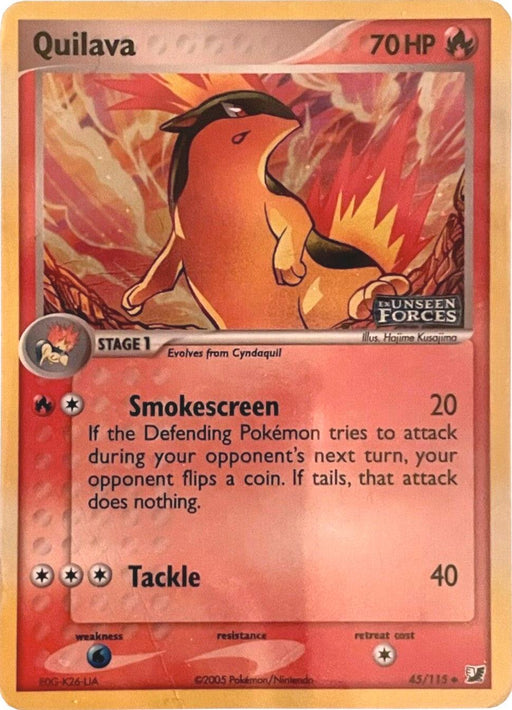 A Pokémon card featuring Quilava (45/115) (Stamped) [EX: Unseen Forces] with 70 HP. Quilava is depicted in an active pose, surrounded by flames. It has two attacks: "Smokescreen" which deals 20 damage, and "Tackle," dealing 40 damage. The fiery red background accentuates its Fire type nature, with "Stage 1" indicating it evolves from Cyndaquil. This uncommon card also