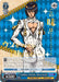A "Weiß Schwarz" trading card featuring Sudden Attack, Bucciarati (JJ/S66-TE18J JJR) [JoJo's Bizarre Adventure: Golden Wind] by Bushiroad. Bucciarati stands confidently with black hair, a white suit, and striking golden accents. The JoJo Rare card has text in Japanese and English, with stats and abilities against a gradient blue background.