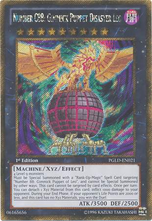 A trading card titled "Number C88: Gimmick Puppet Disaster Leo [PGLD-EN021] Gold Secret Rare" by Yu-Gi-Oh!. It depicts a mechanical lion with gold plating and red accents standing atop a purple globe. This Premium Gold card is an Xyz/Effect Monster with 3500 ATK, 2500 DEF, requiring 3 level 9 monsters for summoning.