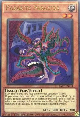 A Yu-Gi-Oh! product titled "Parasite Paracide [LART-EN043] Ultra Rare" from The Lost Art Promotion. This Ultra Rare Flip/Effect Monster depicts a man's distressed face with red, insect-like creatures emerging from his mouth. It has 500 ATK and 300 DEF points and includes detailed game text below.
