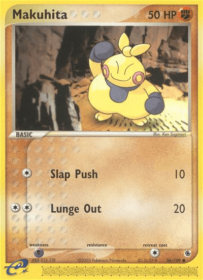 The Makuhita (56/109) [EX: Ruby & Sapphire] trading card from the Pokémon brand features a yellow, humanoid Makuhita with red markings in a confident pose. It has 50 HP and showcases two moves: "Slap Push" dealing 10 damage and "Lunge Out" dealing 20 damage. The background depicts a rocky terrain, and this card is part of the 2003 series.