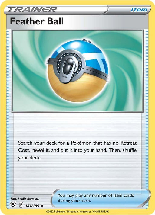 The image is of a Pokémon trading card named "Feather Ball (141/189) [Sword & Shield: Astral Radiance]" from the Astral Radiance set by Pokémon. The card is categorized as a Trainer Item. The artwork shows a blue and white Poké Ball with feathers in the background. The text describes searching your deck for a Pokémon with no Retreat Cost, revealing it, adding it to your hand, and shuffling your deck.