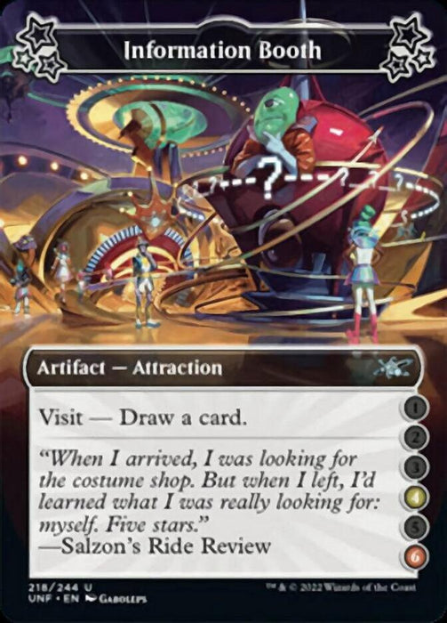 The "Information Booth (4-6) [Unfinity]" card from the Magic: The Gathering set features an alien figure at a futuristic booth. This Artifact, subtype: Attraction, offers a unique Visit ability to draw a card. Various icons and flavor text enrich the theme of intergalactic curiosity.