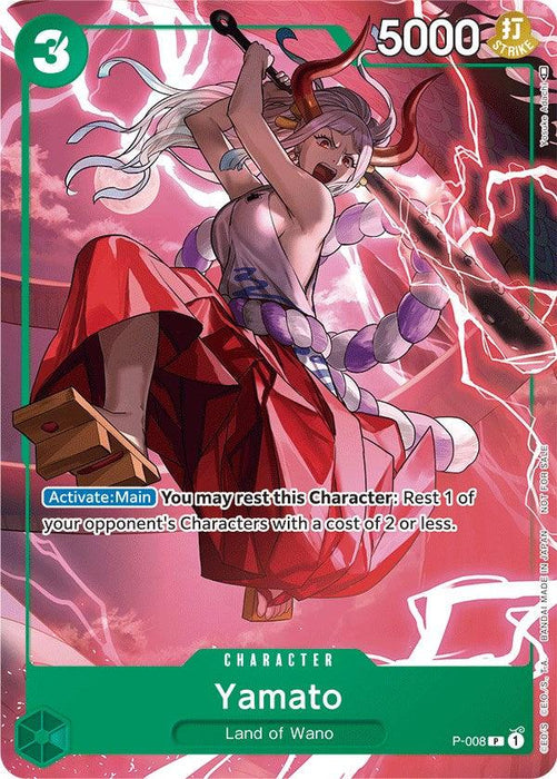 This Yamato (Tournament Pack Vol. 1) [One Piece Promotion Cards] by Bandai showcases an animated character named Yamato from the Land of Wano, boasting a power of 5000. With long hair and a striking red and white outfit, Yamato is enveloped in pink lightning. This promo card includes the ability to rest one of the opponent's characters with a cost of 2 or less.