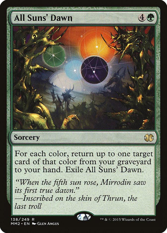 The image is a Magic: The Gathering card titled **All Suns' Dawn [Modern Masters 2015]**, a rare green sorcery card costing four colorless mana and one green mana. The artwork depicts five suns in various colors against a dark, fantasy landscape. Its ability allows you to return a card of each color from your graveyard to your hand and then exile "All Suns' Dawn.