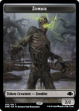 In a dark, foggy swamp filled with twisted trees and murky waters, a decayed zombie creature with glowing green eyes stands ominously, emitting eerie green smoke. The card text reads 