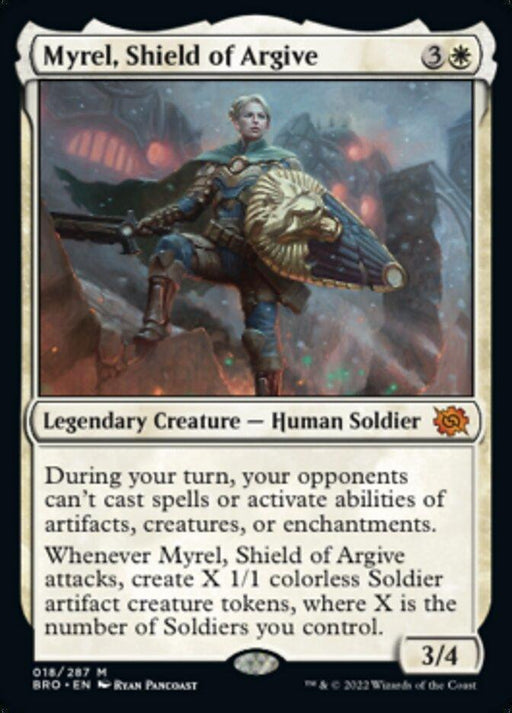 A Magic: The Gathering card titled "Myrel, Shield of Argive [The Brothers' War]," features a blonde human soldier wielding a golden shield and sword. This Legendary Creature costs three generic and one white mana, has power/toughness of 3/4, disrupts opponents' spells, and generates Soldier tokens.