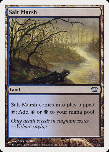 The image features a Magic: The Gathering card from the Eighth Edition set, called "Salt Marsh." This card depicts a dimly lit, desolate marsh with leafless trees and mist. It is categorized as a "Land" type and enters the battlefield tapped. "Salt Marsh" can generate either Blue or Black mana. The card text includes the quote: "Only death breeds in stagnant water. —Urborg saying.