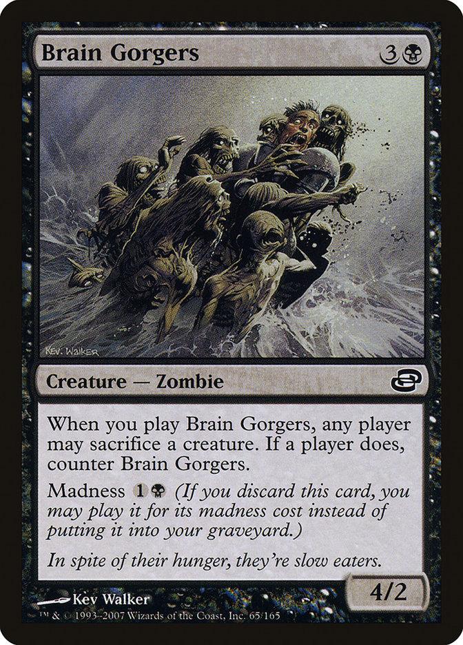 A Magic: The Gathering product titled "Brain Gorgers [Planar Chaos]" from the Planar Chaos set. The card features an illustration of a pack of Zombie creatures emerging from murky water, attacking a man. Its attributes include casting cost (3 and 1 swamp), Madness Cost, abilities text, and power/toughness (4/2).