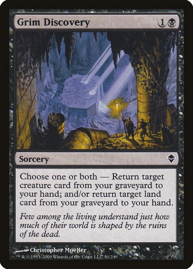 The "Grim Discovery [Zendikar]" card from Magic: The Gathering features artwork of a solitary figure with a torch exploring ancient Zendikar ruins, encircled by skeletons and an eerie blue glow. The card ability allows you to return a creature or land card from your graveyard to your hand.