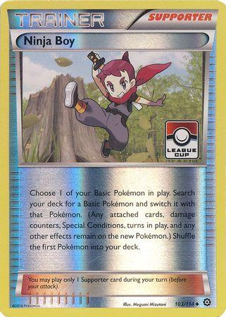 The image shows a Pokémon Trainer Supporter card from the XY: Steam Siege series named "Ninja Boy (103/114) (League Promo) [XY: Steam Siege]." The card, produced by Pokémon, features an illustration of a boy dressed as a ninja, leaping with one leg up and one arm forward, holding a Poké Ball. The card text allows swapping a Basic Pokémon in play with one from the deck, shuffling the first Pokémon into the deck.