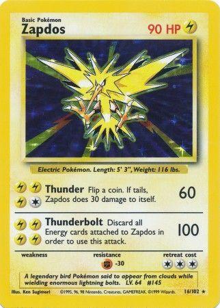 An image of a Zapdos (16/102) [Base Set Unlimited] from the Pokémon trading card game. Zapdos is illustrated as a yellow, electric bird with spiky wings and lightning bolts. The Holo Rare card has 90 HP, featuring moves "Thunder" (60 damage) and "Thunderbolt" (100 damage). The card includes details about its weight, length, and abilities.