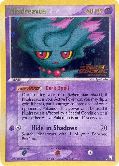 An image of a Pokémon trading card for Misdreavus (25/109) (Stamped) [EX: Team Rocket Returns] from the Pokémon series. The rare card features a picture of the Pokémon, a ghost with teal wisps of hair and red eyes, wearing a red pearl-like necklace. The card shows its HP (60), type (Psychic), abilities (Dark Spell, Hide in Shadows), and other stats.