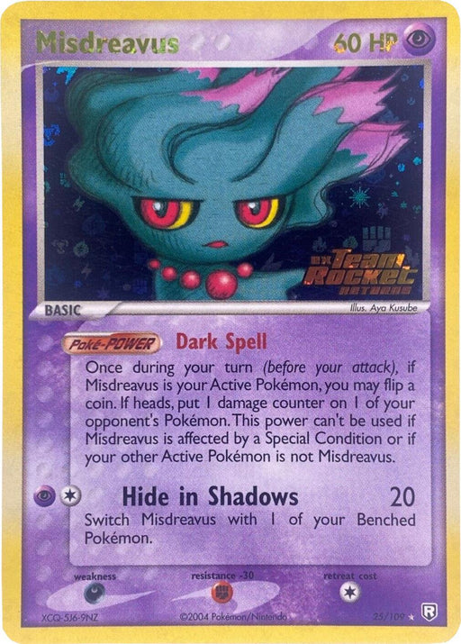 An image of a Pokémon trading card for Misdreavus (25/109) (Stamped) [EX: Team Rocket Returns] from the Pokémon series. The rare card features a picture of the Pokémon, a ghost with teal wisps of hair and red eyes, wearing a red pearl-like necklace. The card shows its HP (60), type (Psychic), abilities (Dark Spell, Hide in Shadows), and other stats.