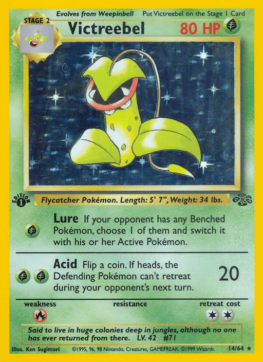 Pokémon card for Victreebel (14/64) [Jungle 1st Edition]. This Holo Rare Jungle 1st Edition card features Victreebel, a yellow, green-leafed Grass Type creature with a gaping mouth and red eyes amid a starry background. The Stage 2 card shows it has 80 HP, evolving from Weepinbell. It includes Flycatcher Pokémon data, moves with descriptions, and card