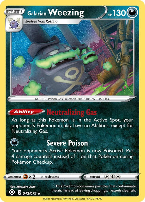 A Pokémon Galarian Weezing (042/072) [Sword & Shield: Shining Fates] card is displayed. The card, from the Shining Fates collection, features an illustration of the grey, smokestack-like Pokémon emitting green gas. It has an HP of 130 and its abilities are Neutralizing Gas and Severe Poison. The card has a dark theme with various stats and descriptions.