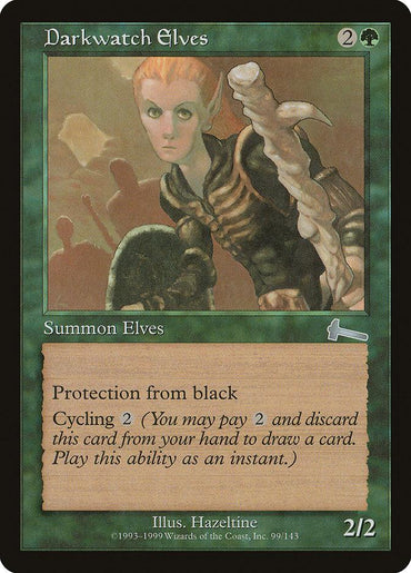 A Magic: The Gathering card named "Darkwatch Elves [Urza's Legacy]" features a 2/2 Creature Elf that costs 2 colorless and 1 green mana to cast. This elf boasts "Protection from black" and has a cycling cost of 2 colorless mana. The artwork, created by artist Hazeltine, depicts an elf equipped with armor and a sword.