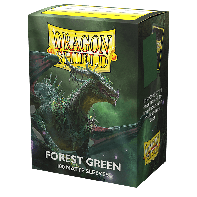 The Arcane Tinmen Dragon Shield: Standard 100ct Sleeves - Forest Green (Matte) features a dragon with green scales and detailed wings on the front, along with a prominent yellow Dragon Shield logo. Ideal for TCG enthusiasts.