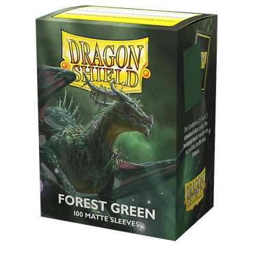 The Arcane Tinmen Dragon Shield: Standard 100ct Sleeves - Forest Green (Matte) features a dragon with green scales and detailed wings on the front, along with a prominent yellow Dragon Shield logo. Ideal for TCG enthusiasts.