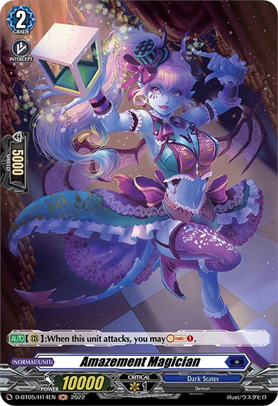 The Amazement Magician (D-BT05/H14EN) [Triumphant Return of the Brave Heroes] by Bushiroad features a vividly colored trading card showcasing "Amazement Magician" from Dark States. The character is adorned in an elaborate costume with ribbons, card-themed accessories, and a lantern. This holo card boasts 10,000 power, 5,000 shield, and provides a critical point of 1. Text describes abilities from the "Triumphant Return of the Brave Heroes" set.