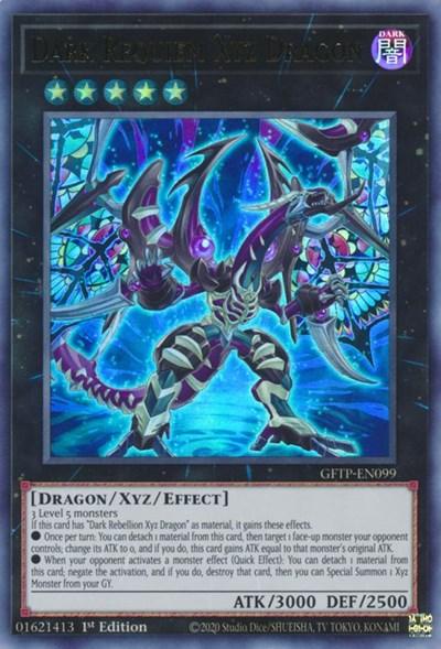 A Yu-Gi-Oh! trading card featuring the Ultra Rare "Dark Requiem Xyz Dragon [GFTP-EN099]" from the "Ghosts from the Past" set. It depicts a fearsome Xyz/Effect Monster dragon with purple and black armor, glowing teal eyes, and large translucent wings against a vivid blue and purple background. Stats are displayed below the image.