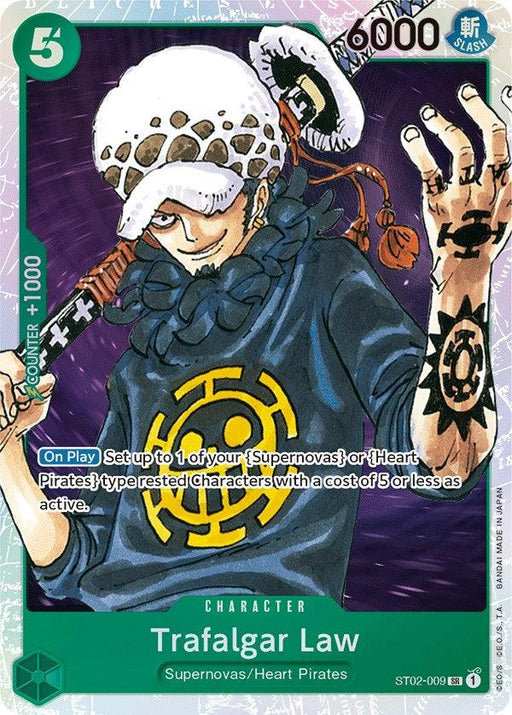 A trading card featuring Trafalgar Law [Starter Deck: Worst Generation] from Bandai. Law is seen wearing his signature hat and holding a sword. The card shows "5" at the top left corner and "6000" attack power at the top right. This Super Rare card belongs to the "Supernovas/Heart Pirates" group and describes his abilities.
