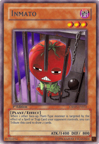 A Yu-Gi-Oh! trading card from the Crimson Crisis series featuring "Inmato [CRMS-EN031] Rare," a Plant/Effect monster. The card shows a red anthropomorphic tomato with a frown and a bandage on its head, behind iron bars. It has 1400 ATK and 800 DEF, and its effect involves drawing 2 cards if another Plant-Type monster is targeted and this card.