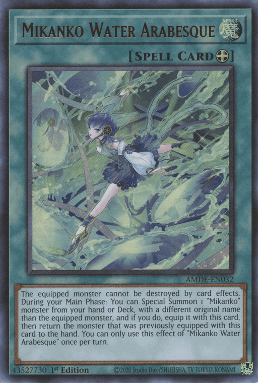 A Yu-Gi-Oh! card titled "Mikanko Water Arabesque [AMDE-EN032] Ultra Rare" depicts a girl in traditional attire surrounded by mystical water-like energies. This Equip Spell grants protection from card effects and allows summoning and returning of "Mikanko" monsters, with a limit of once per turn.