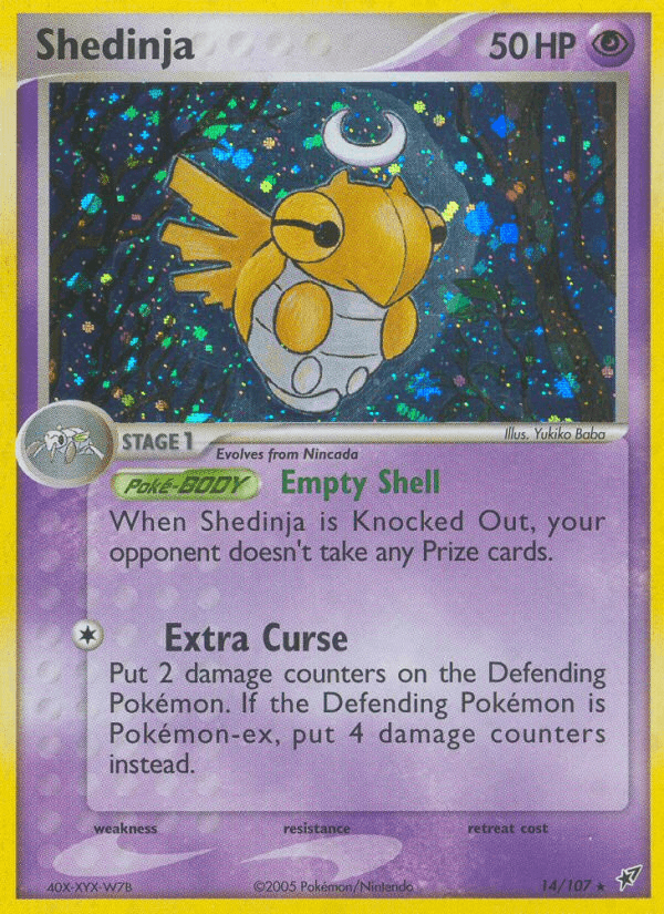 The Shedinja (14/107) [EX: Deoxys] trading card from Pokémon is a Holo Rare with 50 HP. It evolves from Nincada and features purple borders. Its abilities are 