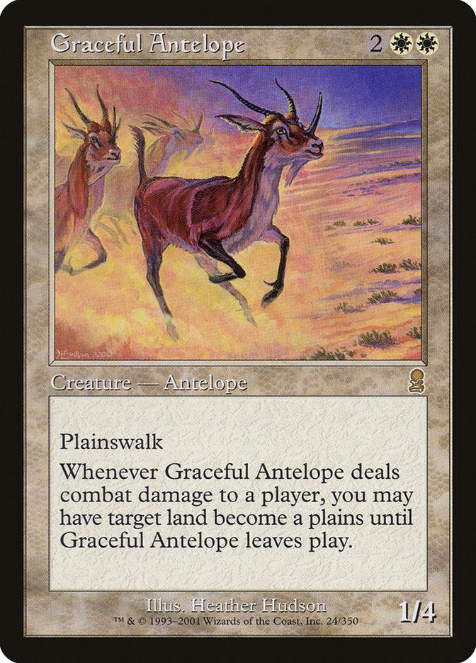 The Magic: The Gathering card titled "Graceful Antelope" from the Odyssey set requires 2 colorless, 1 white, and 1 green mana. This antelope creature gracefully traverses a brightly colored purple and orange landscape. Equipped with the Plainswalk ability, it converts lands into plains and features a solid stat line of 1/4.