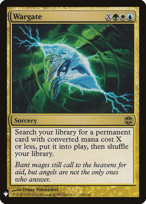 A rare Magic: The Gathering card titled "Wargate [Mystery Booster]" with a green, blue, and white border. It depicts a magical gate with lightning and a mage's hand summoning energy. This sorcery reads: "Search your library for a permanent card with converted mana cost X or less, put it into play, then shuffle your library.