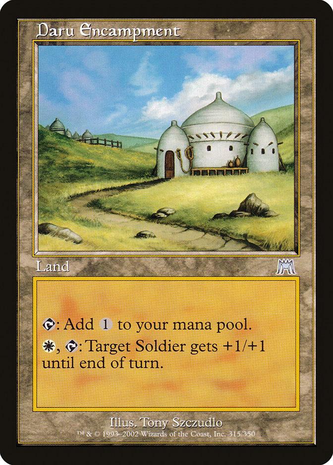 The Magic: The Gathering card "Daru Encampment [Onslaught]" is a Land card with the abilities: "Tap: Add 1 to your mana pool" and "1, tap: Target Soldier gets +1/+1 until end of turn." The artwork features a grassy landscape with white, domed buildings and a distant hill.