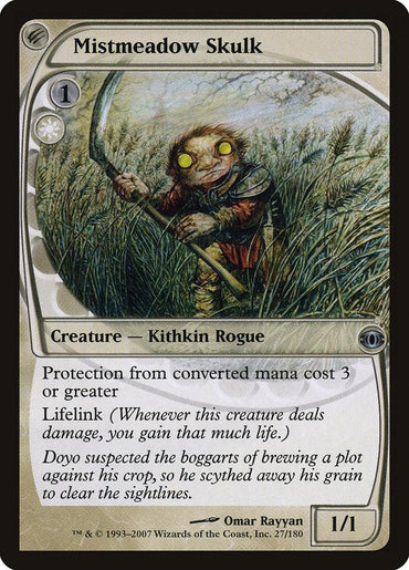 The image displays a Magic: The Gathering card named "Mistmeadow Skulk" from the Future Sight set. This card features a Kithkin Rogue, characterized by its small, furry appearance with lifelink and glowing eyes wielding a scythe. It requires 1 white mana to cast, offers protection against spells with converted mana cost of 3 or greater, and has stats of 1/1.