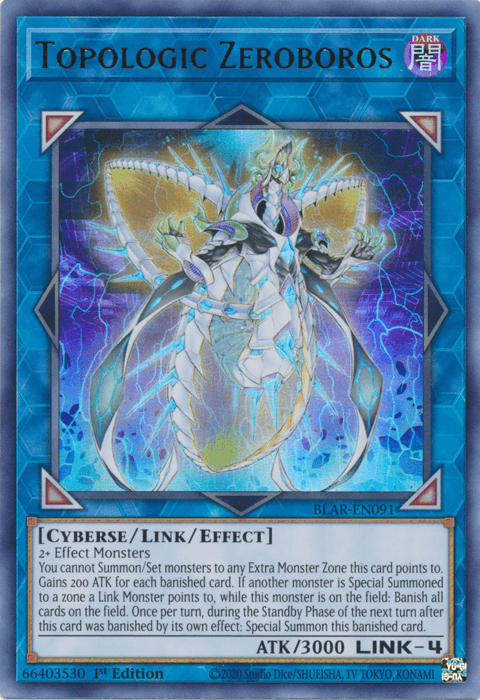 A Yu-Gi-Oh! trading card titled "Topologic Zeroboros [BLAR-EN091] Ultra Rare," this Link/Effect Monster boasts 3000 ATK, a Link Rating of 4, and two down and two left arrows. The card features intricate artwork of a majestic mechanical dragon against a purple and blue gradient background with elaborate patterns.
