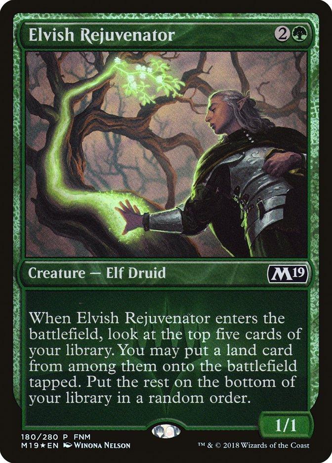 An "Elvish Rejuvenator (FNM) [Core Set 2019 Promos]" card from Magic: The Gathering features a silver-haired Elf Druid with green magic swirling around their outstretched arm. It requires two generic mana and one green mana to cast, has a power/toughness of 1/1, and its ability allows you to fetch a land card.