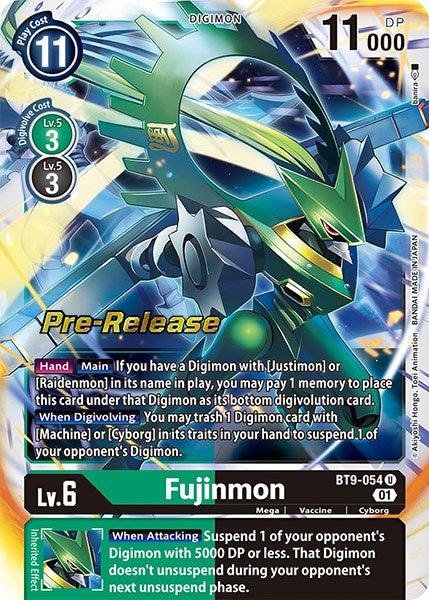 A Digimon trading card from the brand's X Record Pre-Release Promos series, featuring Fujinmon [BT9-054], a Mega-level Cyborg type with 11,000 DP. The card showcases Fujinmon in a dynamic pose set against a futuristic backdrop and includes intricate gameplay information on its activation and suspension abilities, level, type, and Digivolution cost.