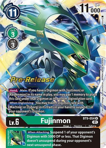 A Digimon trading card from the brand's X Record Pre-Release Promos series, featuring Fujinmon [BT9-054], a Mega-level Cyborg type with 11,000 DP. The card showcases Fujinmon in a dynamic pose set against a futuristic backdrop and includes intricate gameplay information on its activation and suspension abilities, level, type, and Digivolution cost.