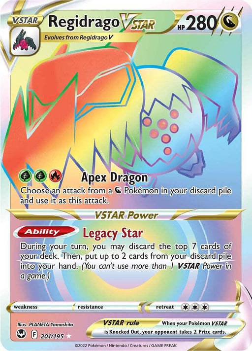 A Pokémon Regidrago VSTAR (201/195) [Sword & Shield: Silver Tempest] card featuring 280 HP and dragon type. The card displays a colorful, electrifying dragon illustration. As a Secret Rare from the Silver Tempest set, its moves include "Apex Dragon" and the "Legacy Star" VSTAR Power. It is weak to fairy-type Pokémon. The card number is 201/195.