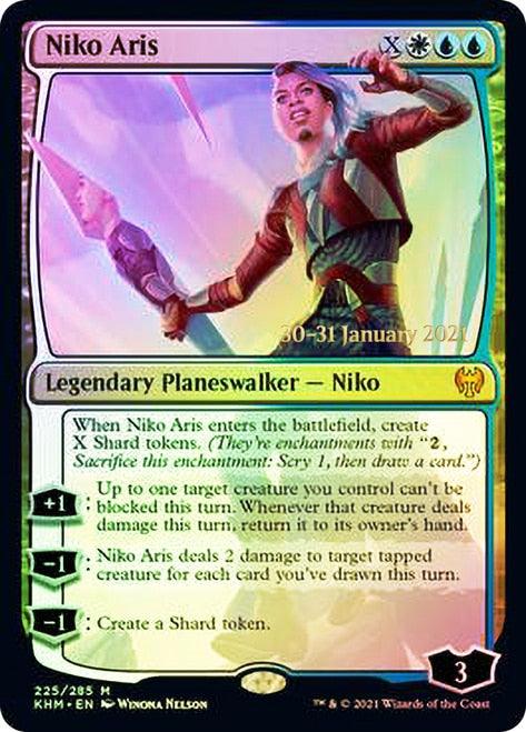 The Magic: The Gathering card "Niko Aris [Kaldheim Prerelease Promos]" features the Legendary Planeswalker Niko Aris, who is illustrated holding a shard with a determined expression. This card has a mana cost of X, white, blue, and blue/black hybrid mana. It comes with four abilities and starts with a loyalty of 3.