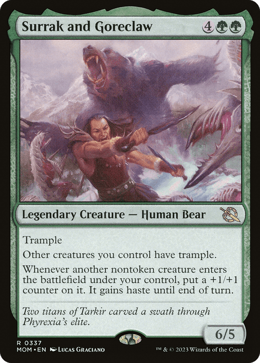 Magic: The Gathering card featuring Surrak and Goreclaw [March of the Machine], a legendary Human Bear creature with 4 green/2 neutral mana cost, boasting 6 power and 5 toughness. Its abilities provide trample, grant trample to other creatures, and add +1/+1 counters to those that enter under your control.