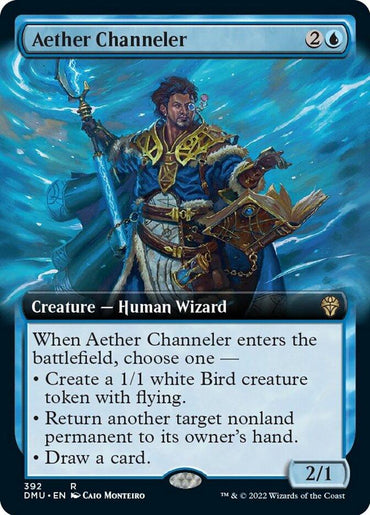 A Magic: The Gathering card named "Aether Channeler (Extended Art) [Dominaria United]" from the Dominaria United set. It depicts a Human Wizard with an outstretched hand surrounded by swirling blue energy. The card has a casting cost of 2 colorless and 1 blue mana, offering three abilities upon entering the battlefield.