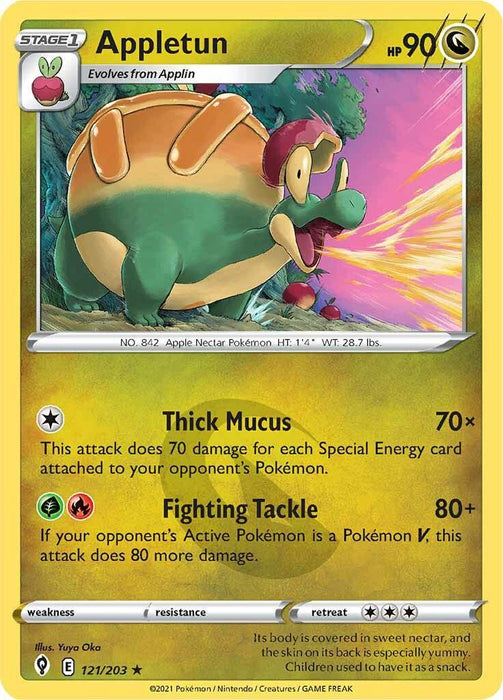 A Pokémon Appletun (121/203) [Sword & Shield: Evolving Skies] card. This Pokémon card from the brand features Appletun from the Evolving Skies set. It depicts the dragon-apple crossover with a green body, red underbelly, and an apple slice on its back. It has 90 HP, Grass typing, and two moves: Thick Mucus (70x damage) and Fighting Tackle (80+ damage). Card number 121/