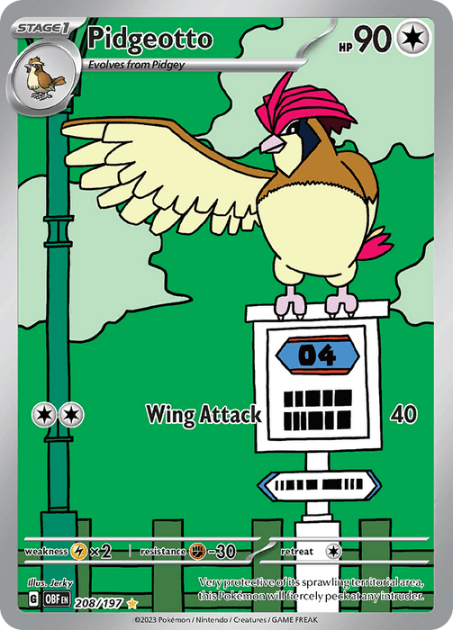 Illustration Rare Pokémon card of Pidgeotto, a bird with brown plumage and a pink crest, perched on a signpost. The card displays its stats: 90 HP, Wing Attack damage of 40, weaknesses, resistances, and retreat costs. Set in the Scarlet & Violet: Obsidian Flames series' green forest-like background.